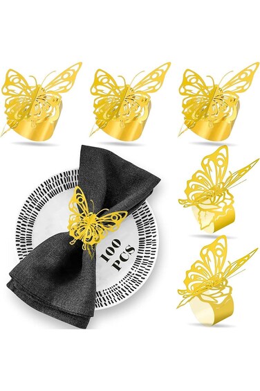 Butterfly Napkin Rings, 100Pcs Gold Paper Napkin Rings for Table Decor, Reflective Gold Creative Na