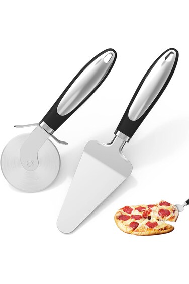 قطاعة بيتزا من AILUROPODA، قطعتان من عجلة البيتزا وقطاعة الفطائر، وسكينة قطاعة البيتزا مع قاعدة غير قابلة للانزلاق