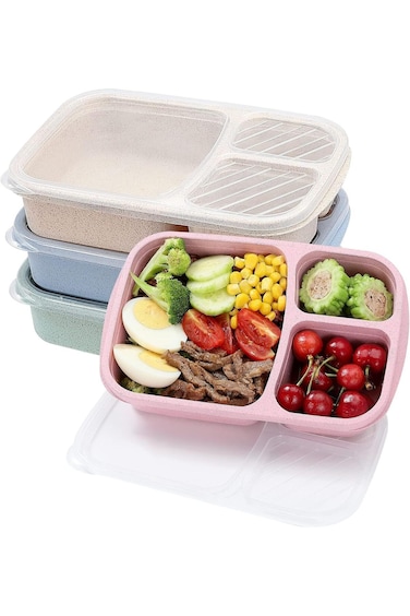BIGTHREE&reg; 3 Compartment Lunch Box Set, 4 Pack Wheat Straw Food Storage Containers, Wheat Straw Lunc