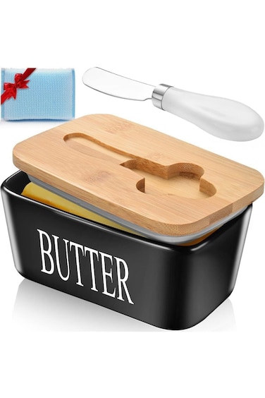 HOOKOR Large Butter Dish with Lid， Monehet Ceramics Butter Keeper Container with Knife and High- Qu