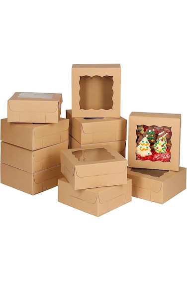ELECDON صناديق كعكة بنية اللون مع ورق نافذة من البولي فينيل كلوريد وصناديق كب كيك للمخابز والفطائر دونو