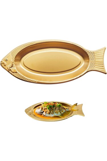 طبق تزوق، أطباق من الفولاذ المقاوم للصدأ على شكل سمكة، طبق تقديم 15.74 × 6.49 بوصة، ذهبي فاخر