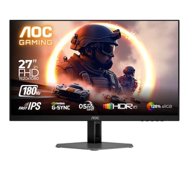 شاشة ألعاب 27G4E 27 بوصة IPS سريعة 1920 × 1080 (فل اتش دي) من ايه او سي، معدل تحديث 180 هرتز، وقت استجابة 0.5 مللي ثانية، موديل HDR10، مزامنة تكيفية، مصممة لأداء الألعاب، أسود