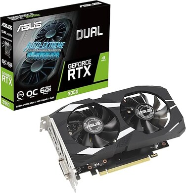 ASUS Dual Nvidia GeForce RTX 3050 6GB OC Edition Gaming Graphics Card - PCIE 4.0, 6GB GDDR6 Memory, HDMI 2.1, DisplayPort 1.4a, 2-Slot Design, Axial-tech Fan Design, 0dB Technology, Steel Bracket