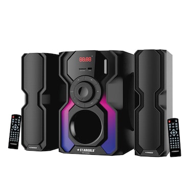 ستارجولد نظام مكبر صوت متعدد الوسائط 2.1 قناة، اتصال بلوتوث، ضبط مسبق لموالف FM 15-20 قناة، وظيفة كاملة، جهاز تحكم عن بعد متعدد الألوان، 8 بوصات RGB Light، مضخم صوت 3 بوصات × 2 مكبرات صوت سوداء