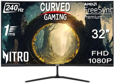 شاشة آيسر نيترو ED320QX2biipx بحجم 32 بوصة منحنية للألعاب – معدل تحديث 240Hz، زمن استجابة 1 مللي ثانية، 2x HDMI، DisplayPort، مخرج صوت، اللون الأسود