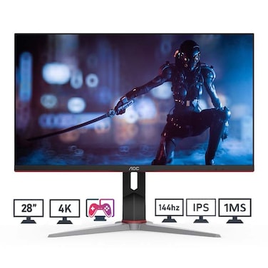 شاشة الألعاب AOC U28G2X/D مقاس 28 بوصة – دقة 4K UHD (3840×2160)، لوحة IPS، معدل تحديث 144 هرتز، زمن استجابة 1 مللي ثانية، تقنية Adaptive Sync، دعم HDR400، منافذ HDMI 2.1 + DisplayPort، تصميم بدون حواف، اللون الأسود