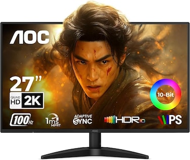 شاشة AOC Q27B36 مقاس 27 بوصة بدقة QHD IPS - دقة 2560x1440، معدل تحديث 100 هرتز، زمن استجابة MPRT 1 مللي ثانية، HDR10، AdaptiveSync، تصميم بدون إطار من ثلاثة جوانب