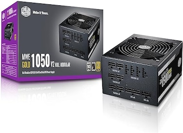 مبرد Cooler Master MWE Gold 1050 V2 معياري بالكامل، بقدرة 1050 واط، وكفاءة 80+ ذهبية، ومروحة FDB هادئة مقاس 140 مم، وموصلين EPS، ومقاومة عالية للحرارة، وضمان لمدة 10 سنوات