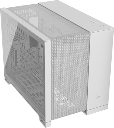 علبة كمبيوتر Corsair 2500D Airflow صغيرة الحجم mATX ثنائية الحجرات - زجاج مقوى - متوافقة مع اللوحات الأم ذات التوصيل العكسي - لا تشمل المراوح - أبيض