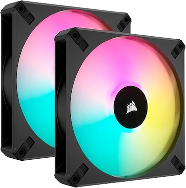 طقم مراوح Corsair iCUE AF140 RGB Elite المزدوجة مقاس 140 مم بتقنية PWM - ثمانية مصابيح LED RGB لكل مروحة - تقنية AirGuide - محمل ديناميكي سائل - وضع دوران المروحة صفر دورة في الدقيقة - وحدة تحكم iCUE