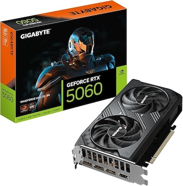 بطاقة رسومات Gigabyte GeForce RTX 5060 WINDFORCE MAX OC 8G - ذاكرة 8 جيجابايت GDDR7، 128 بت، PCI-E 5.0، تردد أساسي 2512 ميجاهرتز، 3 منافذ DisplayPort، منفذ HDMI واحد، NVIDIA DLSS 4، GV-N5060WF2MAX OC