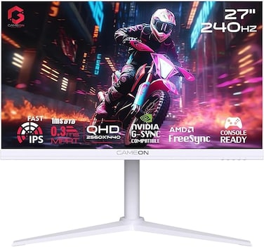 شاشة ألعاب GAMEON مقاس 27 بوصة بتقنية IPS سريعة - دقة QHD 2K (2560x1440 بكسل)، معدل تحديث 240 هرتز، زمن استجابة 0.3 مللي ثانية MPRT، منفذ HDMI 2.1، تقنية FreeSync وG-Sync، مساعد التصويب، دعم HDR