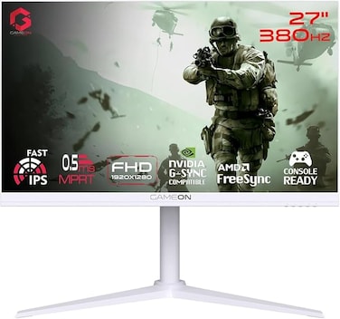 GAMEON Artic Pro-Series 27&rdquo; Fast IPS Gaming Monitor &ndash; FHD 1080p, 380Hz, 0.5ms Response Time, HDMI 2.1 Port, FreeSync G-Sync Support, VRR, PS5 Compatible And PC Gameplay, GOAP27FHD380IPS - White
