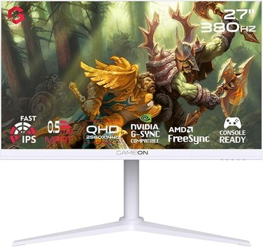 شاشة ألعاب GAMEON Arctic Pro Series مقاس 27 بوصة بدقة QHD 2560x1440 - معدل تحديث 380 هرتز (تدعم معدلات 360/300/280/240/165/144 هرتز)، تقنية IPS سريعة الاستجابة (0.5 مللي ثانية MPRT)، منفذ HDMI 2.1