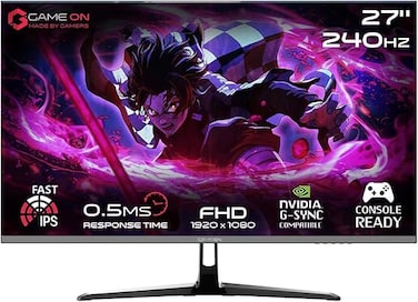 GAMEON 27&rdquo; IPS Gaming Monitor &ndash; FHD 1080p, 240Hz, 0.5ms Response Time, HDMI 2.1 Port, FreeSync G-Sync Support, HDR Ready, Built-in Speakers, Console &amp; PC Gaming Ready, GOESP27240IPS - Black