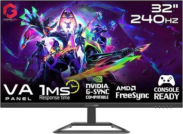 GAMEON 32&rdquo; VA Gaming Monitor &ndash; FHD 1920x1080, 240Hz, 1ms Response Time, Edge-Lit LED Display, FreeSync G-Sync Support, HDMI 2.1 Port, Console Compatible, Smooth Gameplay, GOP32FHD240VA - Black