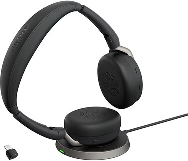 سماعة رأس ستيريو Jabra Evolve2 65 Flex - مزودة بتقنية بلوتوث، ولوحة شحن لاسلكي، وتقنية Jabra ClearVoice لإلغاء الضوضاء، وتقنية إلغاء الضوضاء النشط الهجينة - معتمدة لبرنامج Microsoft Teams - أسود