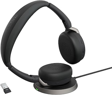 سماعة رأس ستيريو Jabra Evolve2 65 Flex - مزودة بتقنية بلوتوث، ولوحة شحن لاسلكي، وتقنية Jabra ClearVoice لإلغاء الضوضاء، وتقنية إلغاء الضوضاء النشط الهجينة - معتمدة لبرنامج Microsoft Teams - أسود