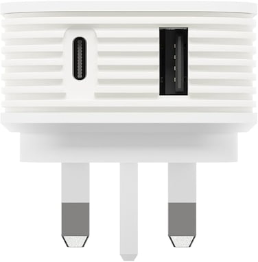 شاحن جوس سريع ثنائي المنافذ بقوة 45 واط - منفذ USB-C لتوصيل الطاقة ومنفذ USB-A للشحن السريع للهواتف الذكية والأجهزة اللوحية وغيرها - تصميم صغير الحجم بتقنية تثبيت محكمة - أبيض