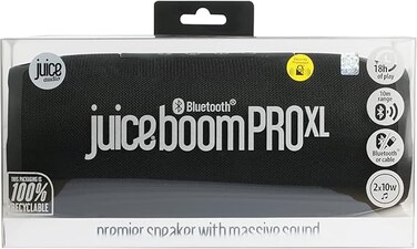 مكبر صوت بلوتوث Juice BoomPRO-XL. مكبرات صوت لاسلكية مزودة بتقنية بلوتوث، صوت محيطي 360 درجة، ومكبري صوت بقوة 10 واط لكل منهما. مقاوم للرذاذ، مكبر صوت محمول متين، متوافق مع مشغلات MP3 والأجهزة اللوحية