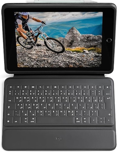 حافظة لوحة مفاتيح Logitech Rugged Folio - لجهاز iPad (الجيل السابع والثامن والتاسع) مع موصل ذكي ولوحة مفاتيح متينة مقاومة للانسكاب، لوحة مفاتيح ARA، لون جرافيت