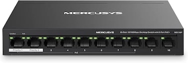 مفتاح سطح المكتب Mercusys ذو 10 منافذ بسرعة 10/100 ميجابت في الثانية مع 8 منافذ PoE+، وميزانية طاقة PoE 65 واط، ومتوافق مع أجهزة 802.3af/at PD، وإدارة الطاقة، وهيكل معدني، والتوصيل والتشغيل