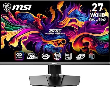 شاشة ألعاب MSI MPG 271QRX QD-OLED بحجم 26.5 بوصة ودقة WQHD - لوحة OLED بتقنية النقاط الكمومية بدقة 2560 × 1440، ومعدل تحديث 360 هرتز/زمن استجابة 0.03 مللي ثانية، وتغطية 99% من نطاق ألوان DCI-P3، وΔE≤2