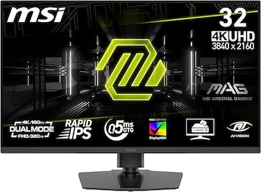 شاشة الألعاب MSI MAG 322URDF E16، مقاس 32 بوصة، بدقة 4K UHD (3840x2160)، بتقنية IPS سريعة الاستجابة (0.5 مللي ثانية)، وتقنية DisplayHDR 400 لحماية العين، وتقنية AI Vision، ومنفذ HDMI 2.1 ثنائي الوضع،