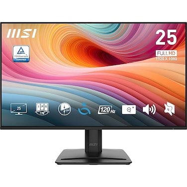 شاشة MSI Pro MP251 E2 للألعاب والمكاتب، مقاس 24.5 بوصة، بتقنية IPS ودقة 1920 × 1080 (FHD)، معدل تحديث 120 هرتز، مزامنة تكيفية، تدعم تقنية HDR، مزودة بمنافذ HDMI وVGA وDisplayPort، قابلة للتركيب