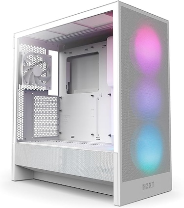 NZXT H5 Flow RGB 2024 - علبة كمبيوتر ألعاب ATX متوسطة الحجم - تدفق هواء عالٍ - تتضمن وحدة إضاءة RGB F360 (CV) - تدعم مشعات تبريد أمامية 360 مم وعلوية 240 مم - نظام إدارة الكابلات - زجاج مقوى - أبيض