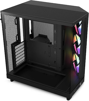 علبة NZXT H6 Flow RGB، طراز CC-H61FB-R1، علبة كمبيوتر مدمجة ثنائية الحجرات متوسطة الحجم، مزودة بنظام تهوية، تتضمن 3 مراوح RGB مقاس 120 مم، وألواح زجاجية بانورامية، وألواح تهوية عالية الأداء