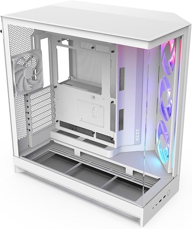 NZXT H9 Flow RGB (2025) - علبة كمبيوتر كبيرة الحجم ذات حجرتين ATX متوسطة الحجم - تتضمن مروحة RGB مقاس 420 مم ومروحة مقاس 120 مم - تدعم مشعات تبريد مقاس 420 مم - زجاج مقوى - أبيض