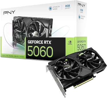 بطاقة رسومات PNY GEFORCE RTX 5060 بسعة 8 جيجابايت، مزودة بمروحتين وتقنية DLSS 4