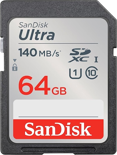 بطاقة ذاكرة SanDisk Ultra UHS I سعة 64 جيجابايت، سرعة نقل بيانات 140 ميجابايت/ثانية، متوافقة مع كاميرات DSLR والكاميرات عديمة المرآة، ضمان لمدة 10 سنوات