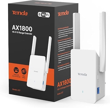 موسع نطاق واي فاي Tenda A27 AX1800 بتقنية Wi-Fi 6، موسع نطاق ثنائي النطاق للإنترنت عريض النطاق/واي فاي، معزز/نقطة اتصال واي فاي مع منفذ جيجابت واحد وهوائيين خارجيين، منفذ جيجابت واحد
