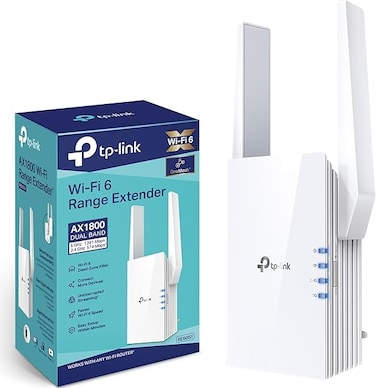 موسع نطاق واي فاي 6 ثنائي النطاق TP-Link AX1800، معزز واي فاي/نقطة اتصال مع منفذ جيجابت واحد، وهوائيين خارجيين ووضع نقطة وصول مدمج، قابس بريطاني (RE605X)