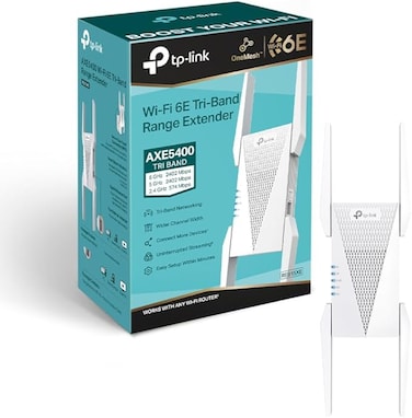 موسع نطاق TP-Link AXE5400 ثلاثي النطاق بتقنية Wi-Fi 6E، موسع نطاق النطاق العريض/Wi-Fi، معزز Wi-Fi/نقطة اتصال بمنفذ جيجابت واحد، 160 ميجاهرتز قنوات، وضع نقطة وصول مدمج، إعداد سهل، قابس بريطاني
