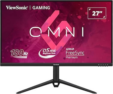 شاشة ألعاب ViewSonic Omni مقاس 27 بوصة بدقة FHD وتقنية IPS سريعة الاستجابة، مع معدل تحديث 180 هرتز، وزمن استجابة 0.5 مللي ثانية، وتقنية HDR10، وتقنية AMD FreeSync، وتقنية Adaptive Sync، وتقنية VESA cl