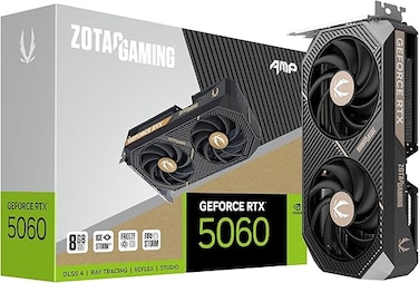 بطاقة رسومات ZOTAC Gaming GeForce RTX 5060 AMP DLSS 4 بسعة 8 جيجابايت GDDR7 وواجهة 128 بت وسرعة نقل بيانات 28 جيجابت في الثانية ومنفذ PCIe 5.0، مزودة بنظام تبريد IceStorm 2.0، طراز ZT-B50600F-10M