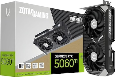 بطاقة رسومات ZOTAC Gaming GeForce RTX 5060 Ti Twin Edge - أسود، 8 جيجابايت، DLSS 4، GDDR7، 128 بت، تبريد متطور Icestorm 2.0، مروحتان، جاهزة للأجهزة صغيرة الحجم، ZT-B50610E-10M