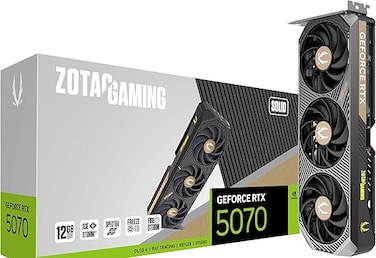 بطاقة رسومات ZOTAC Gaming GeForce RTX 5070 Solid - أسود، سعة 12 جيجابايت، تقنية DLSS 4، ذاكرة GDDR7، 192 بت، نظام تبريد متطور Icestorm 2.0، ثلاث مراوح، إضاءة Spectra RGB، ZT-B50700D-10P