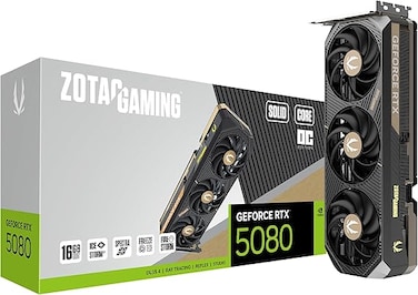 بطاقة رسومات ZOTAC Gaming GeForce RTX 5080 Solid CORE OC DLSS 4 بسعة 16 جيجابايت GDDR7 وواجهة 256 بت وسرعة نقل بيانات 30 جيجابت في الثانية، ومنفذ PCIe 5.0، ونظام تبريد متطور IceStorm 3.0