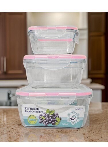 Yolo Stackable Plastic Food Container Square with Airtight Lid Set of 3 Pieces -1400ml
