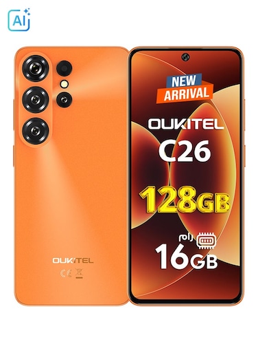 أوكيتل C26 ثنائي الشريحة 4G، ذاكرة 4 جيجابايت رام (+12 جيجابايت افتراضية)، سعة 128 جيجابايت، برتقالي - نسخة الشرق الأوسط