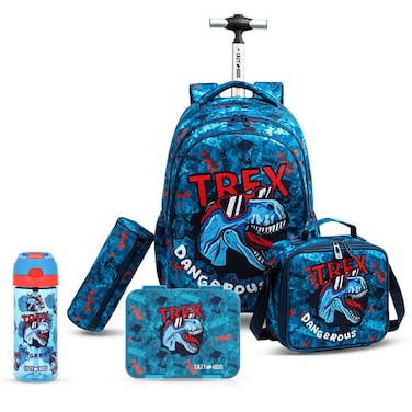 مجموعة Eazy Kids مقاس 18 بوصة مكونة من 5 حقيبة مدرسية بعربة مع صندوق غداء Bento وزجاجة مياه Tritan سعة 420 مل وحقيبة غداء وقلم رصاص - TREX Dinosaur - أزرق