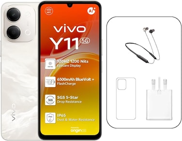 فيفو Y11 هاتف ذكي 5G ثنائي الشريحة، ذاكرة 4 جيجابايت، تخزين 64 جيجابايت، بطارية 6320 مللي أمبير، 120 هرتز، بلاتيني