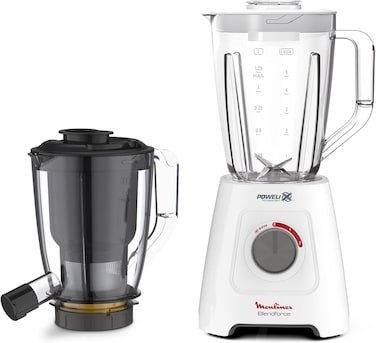 Moulinex Blender, Blendforce 2 In 1 Blender With Juicer Jar, 600W, 1L Juicer Extractor And 2L Blender, Air Cooling System, LM42Q127, White/Black/Clear