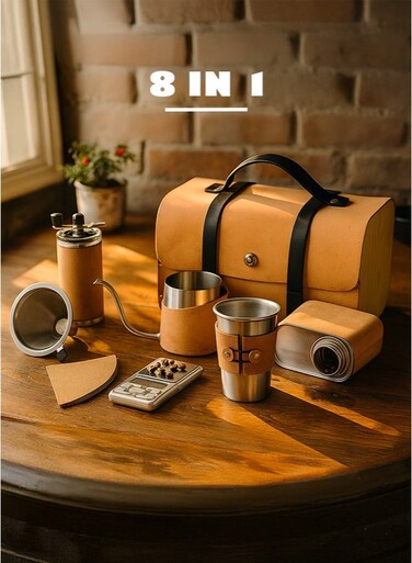 8 in 1 Specialty Coffee Maker Kit Set Includes Leather Bag, Coffee Bean Caddy, Electronic Scale, Hand Grinder, Kettle, Filter Paper, Mug, and Filter