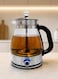 1.8L glass electric kettle with 1500W power, fast and instant boiling, removable internal tea filter, keep-warm function, automatic shut-off, and comfortable handle.